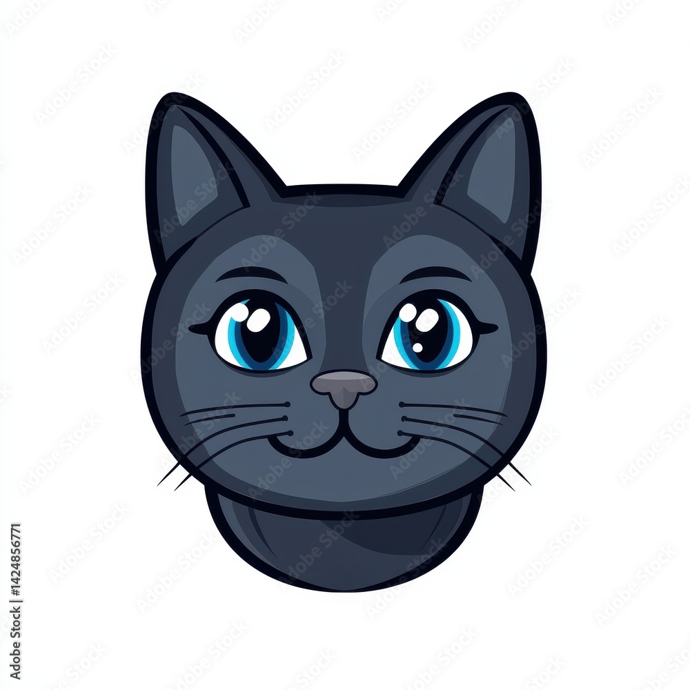 Fototapeta premium Cartoon illustration of a smiling gray cat with bright blue eyes and pink nose