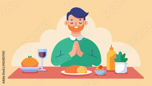 A man practices gratitude before each meal recognizing and appreciating the effort and resources that went into producing his food..