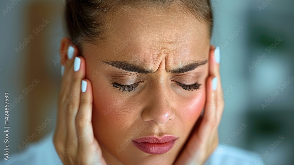 Fototapeta premium Physical suffering, mental strain: a human being, enduring agony, gripping head, overwhelming pressure, facial grimace, neural condition, stress reaction, chronic pain, unbearable sensation 