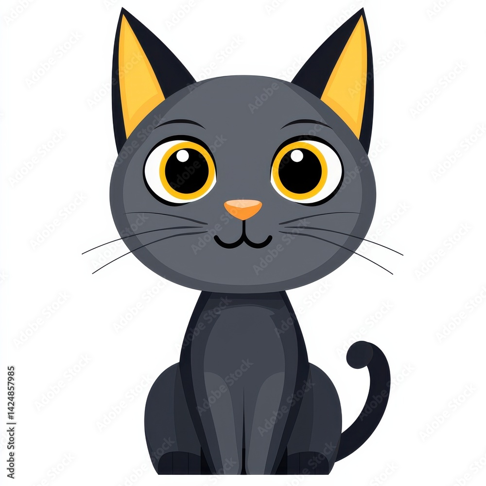 Cartoon illustration of a gray cat with yellow ears and a smiling expression Cartoon illustration of a gray cat with yellow ears and a smiling expression
