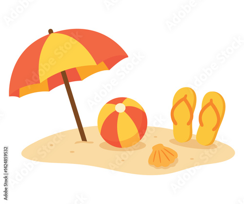 Flat vector illustration of beach accessories on sand – umbrella, flip flops, beach ball and shell – isolated on white background