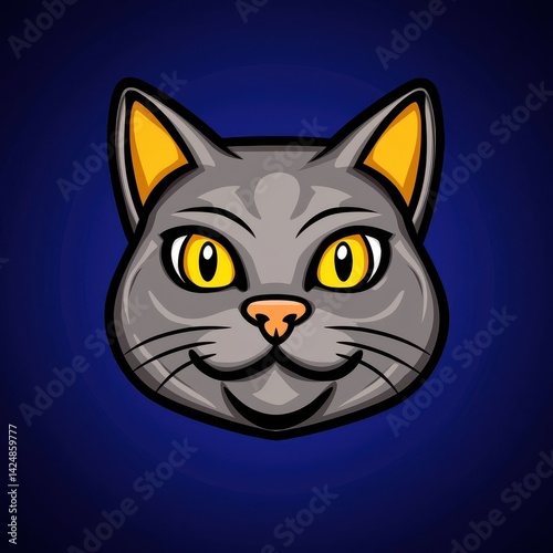Cartoon illustration of a gray cat with a white 'M' marking on its forehead and bright yellow eyes