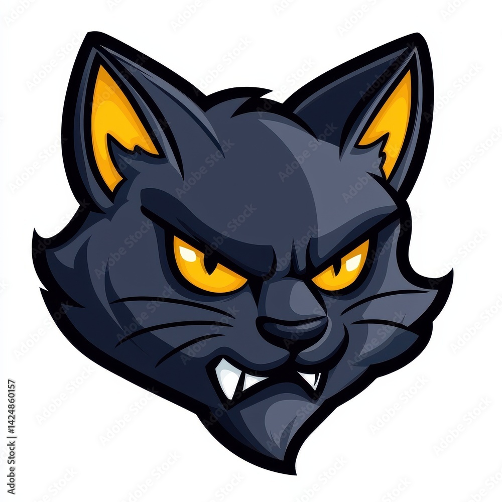 Cartoon illustration of a dark gray cat with yellow eyes and sharp teeth Cartoon illustration of a dark gray cat with yellow eyes and sharp teeth