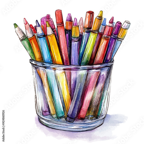 Pen holder full of markers and pencils, watercolor illustration, isolated on a white background.

