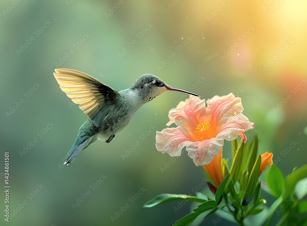 Fototapeta premium Hummingbird in Flight, Feeding from a Flower