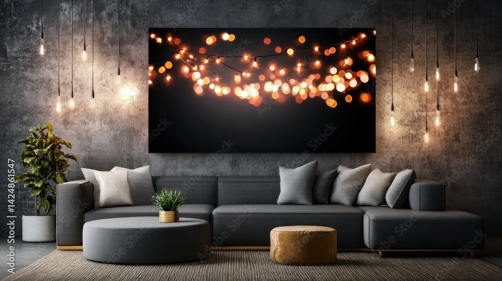 Modern living room adorned with a bokeh artwork of string lights. Modern living room adorned with a bokeh artwork of string lights.