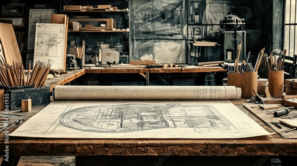 Fototapeta premium Vintage wooden architect s workbench filled with drafting tools pencils rulers and architectural blueprint drawings in a cozy and creative studio workspace environment Concept of design engineering
