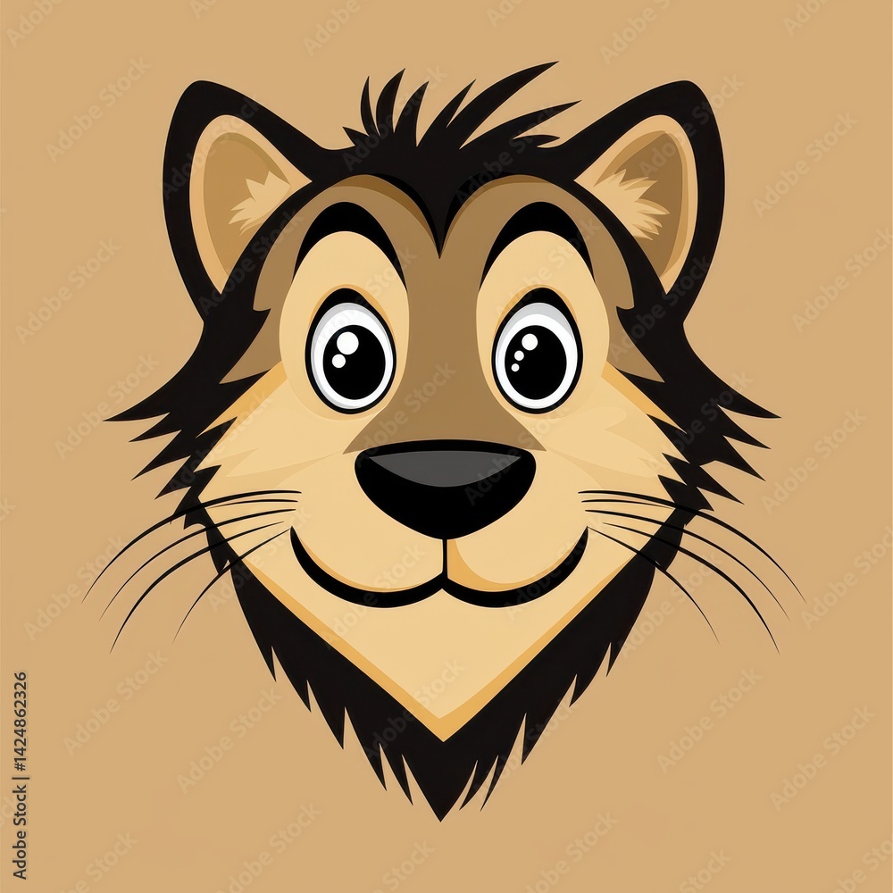 Obraz premium Cartoon illustration of a wolf face with large expressive eyes and a light brown background