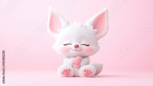 Cute white fox holding hearts on a pink background