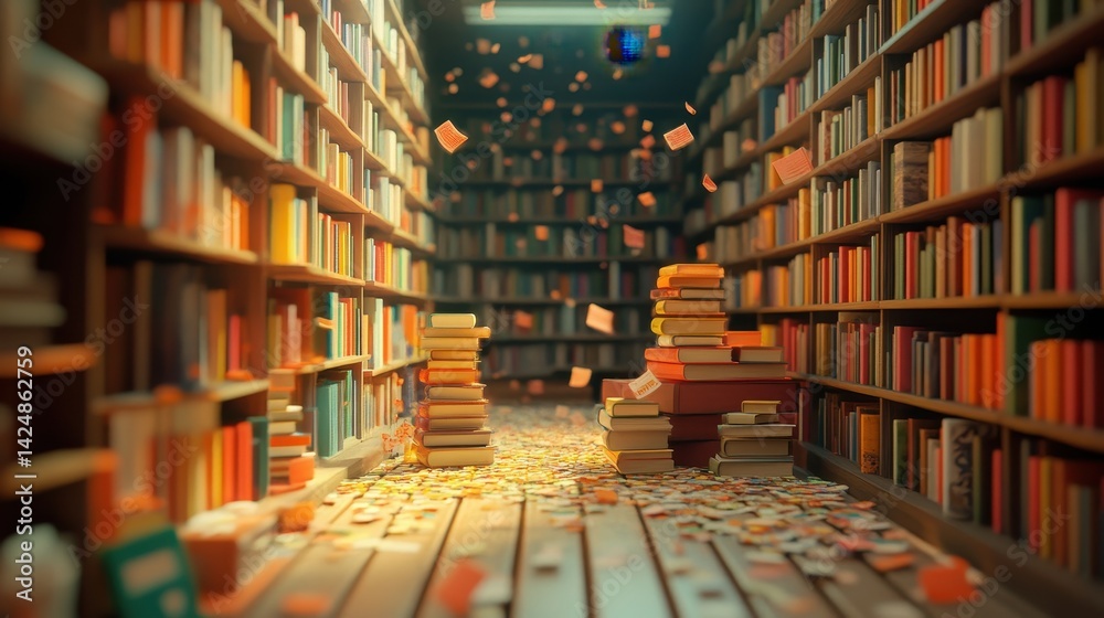 Obraz premium Magical Library Bookshelves Stacks and Falling Pages