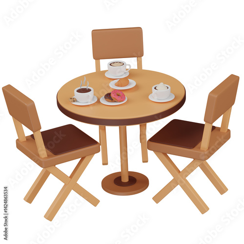 3d render Cafe table with coffee, chairs, donuts and other food illustration 