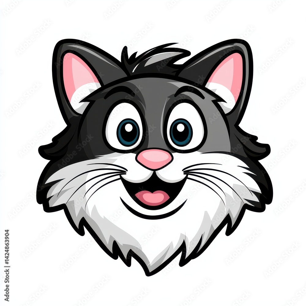 Obraz premium Cartoon illustration of a black and white cat with blue eyes and a cheerful expression