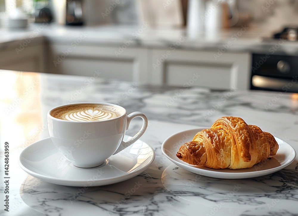 A Cup of Latte and a Croissant on a Marble Table A Cup of Latte and a Croissant on a Marble Table