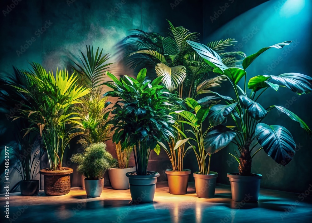 Fototapeta premium Dramatic Night Indoor Plants, Tall Houseplants in Low Light, Dark Green Foliage, Botanical Interior, Shadowy Plant Photography