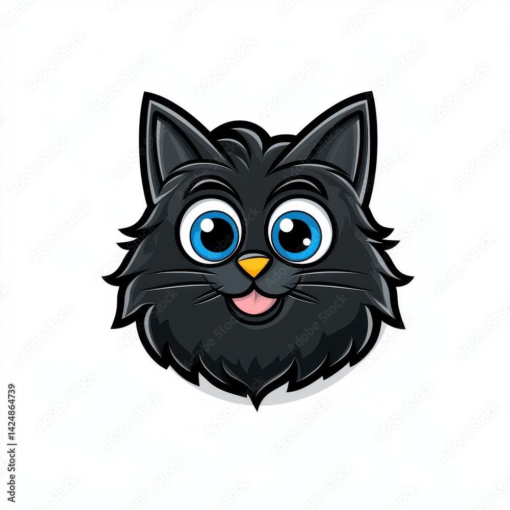 Cartoon illustration of a smiling black cat with blue eyes and a pink tongue Cartoon illustration of a smiling black cat with blue eyes and a pink tongue