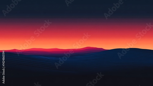 Sunset over layered mountains.