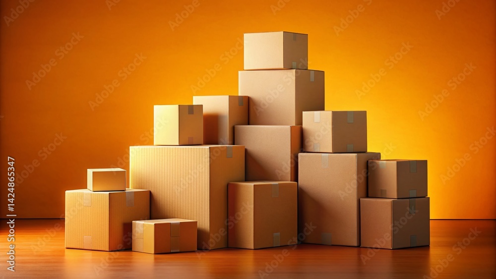 Fototapeta premium E-commerce Growth: Stack of Cardboard Boxes on Vibrant Orange Background
