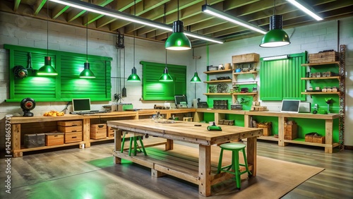 Wallpaper Mural Eco-Friendly Tech Repair Shop: Green Theme, Recycled Wood Benches, Energy-Efficient Lighting Torontodigital.ca