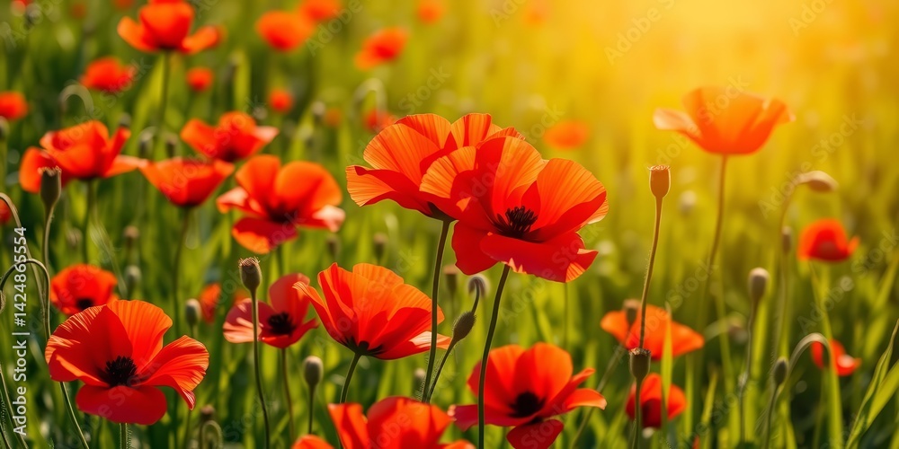 Vibrant red poppies painted on a sun-drenched summer meadow, artwork, leaves Vibrant red poppies painted on a sun-drenched summer meadow, artwork, leaves