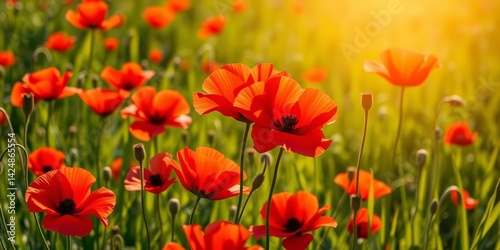 Vibrant red poppies painted on a sun-drenched summer meadow, artwork, leaves
