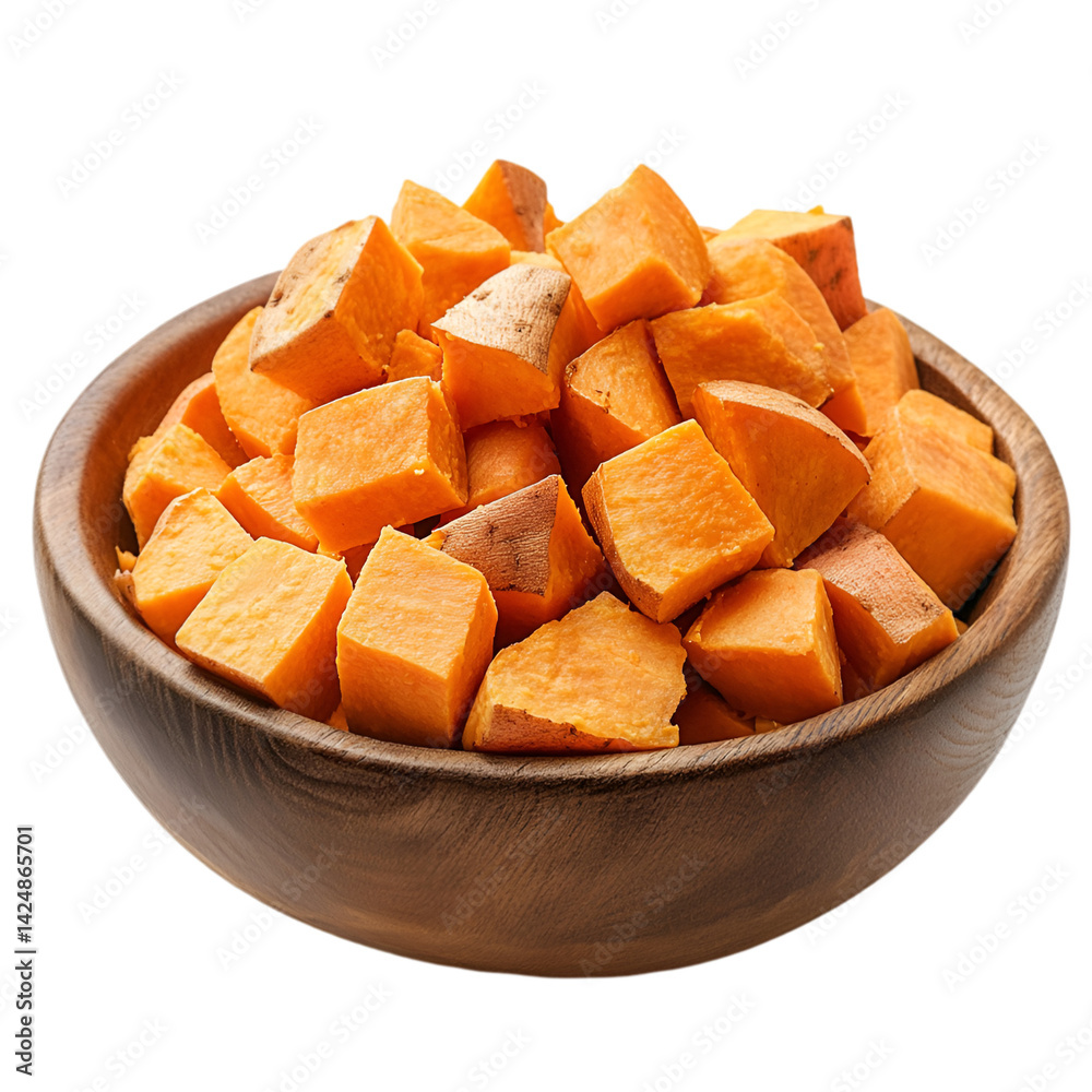 Cubed Sweet Potatoes in Wooden Bowl Healthy Food Cubed Sweet Potatoes in Wooden Bowl Healthy Food