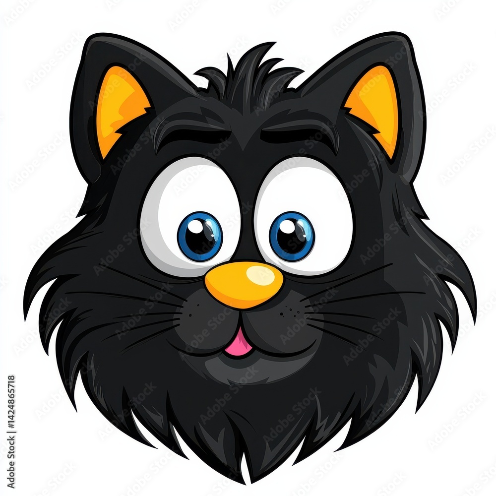 Cartoon illustration of a playful black cat with bright blue eyes and orange-tipped ears Cartoon illustration of a playful black cat with bright blue eyes and orange-tipped ears