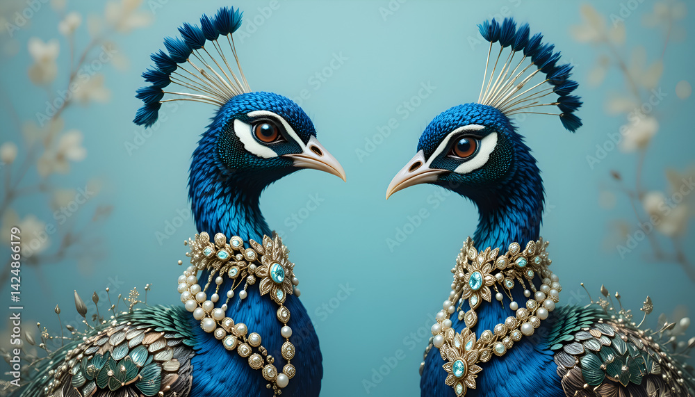 portrait of beautiful fashionable blue peacocks in diamond presious necklace against turquoise background. Digital art. Ai generated