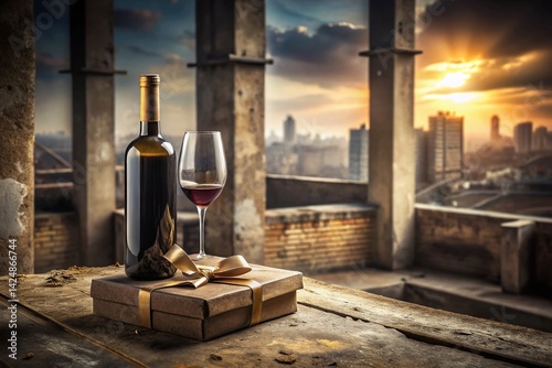 Elegant Wine Bottle, Glass & Gift Box in Urban Setting - Stock Photo