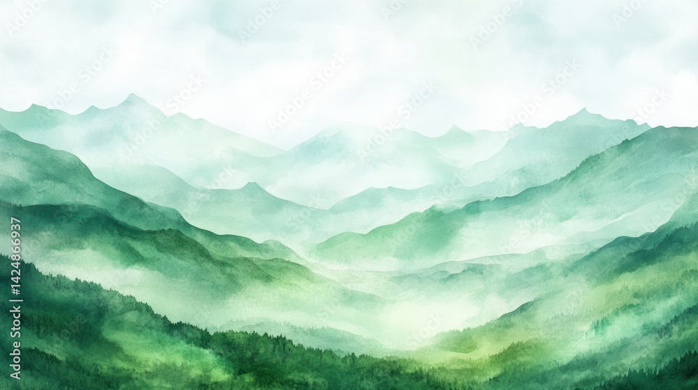 Misty mountain range, painted in soft greens and whites. Misty mountain range, painted in soft greens and whites.