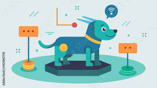 An interactive toy that encourages physical activity while also providing training cues to improve a pets mental agility.. Vector illustration