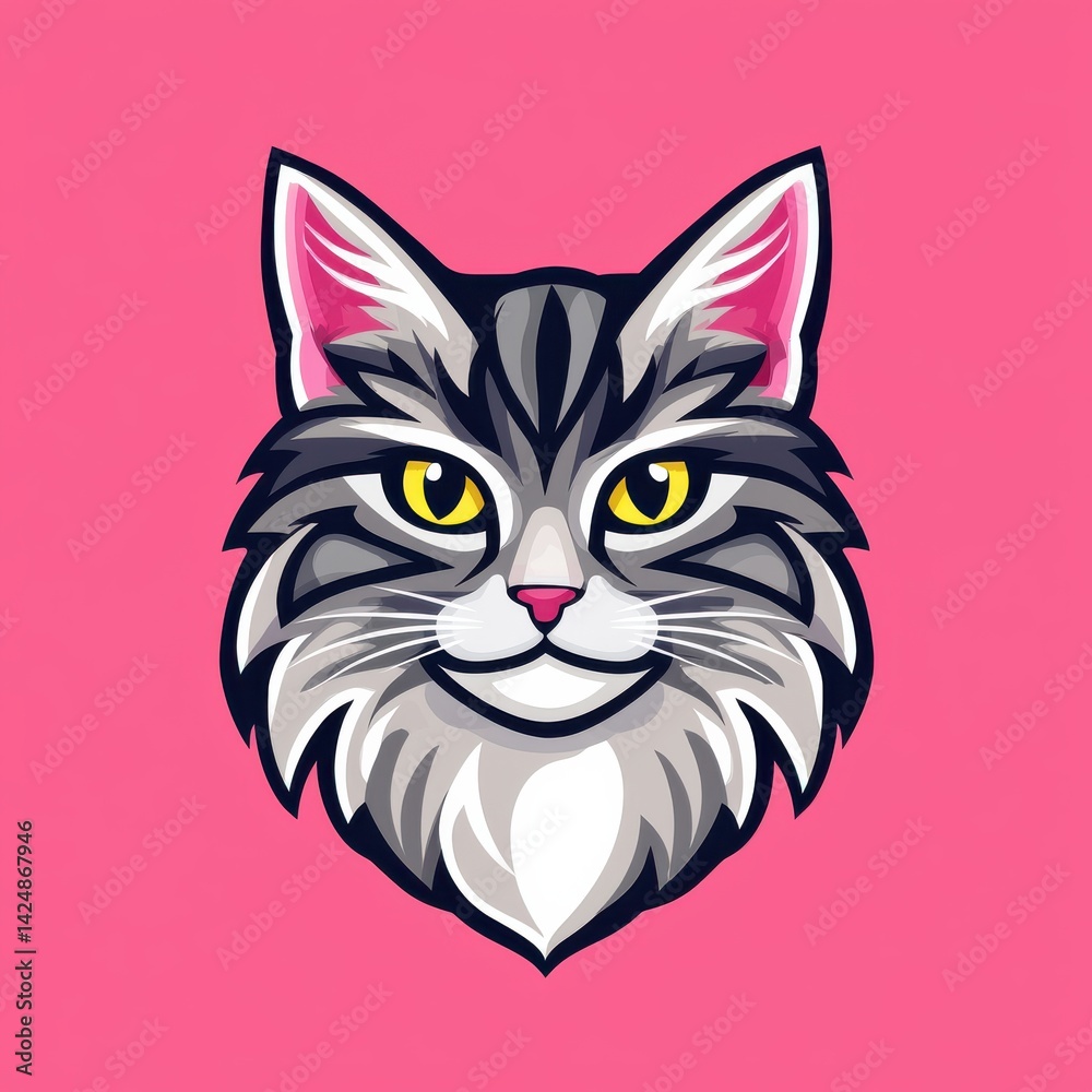 Obraz premium Cartoon illustration of a gray cat with yellow eyes and pink inner ears on a pink background