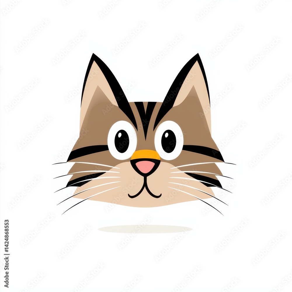 Fototapeta premium Cartoon cat face with light brown fur, dark brown stripes, and large round eyes