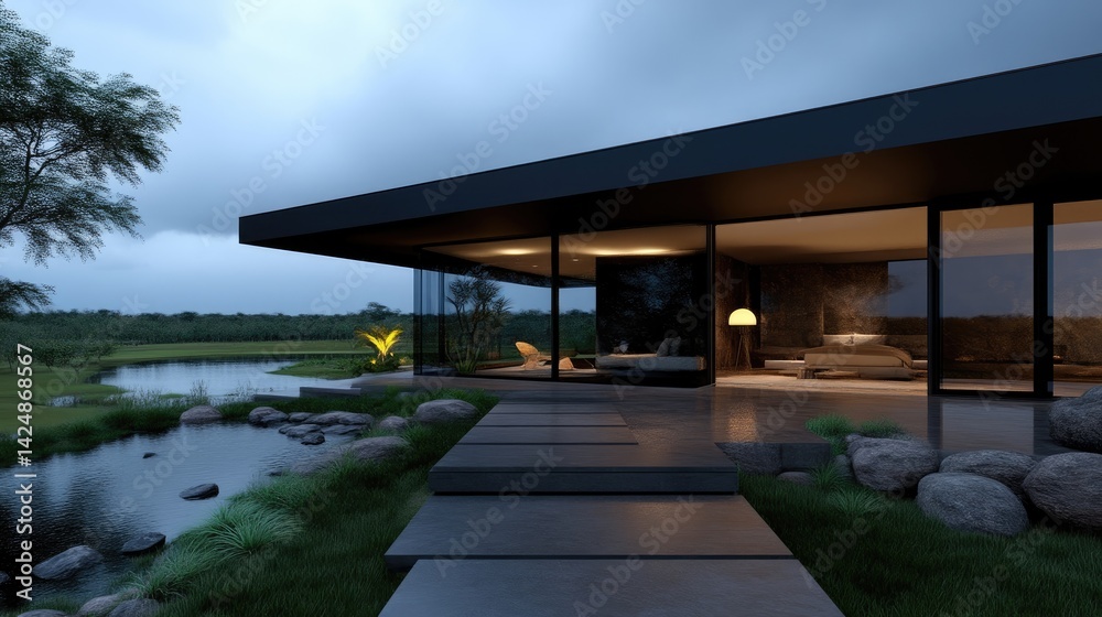 Fototapeta premium Modern minimalist home overlooking a tranquil lake at dusk. Expansive glass walls offer panoramic views of the serene landscape. Exterior features a contemporary design,