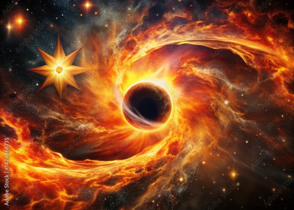 Obraz premium Fiery Star Devours Black Hole: Cosmic Collision in Deep Space