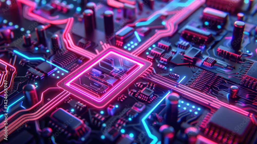 Close up of a circuit board with neon lights. Macro photography of motherboard or microchip or electrical circuit with gradient pink and purple glowing neon light. Digital artwork for design. AIG53.
