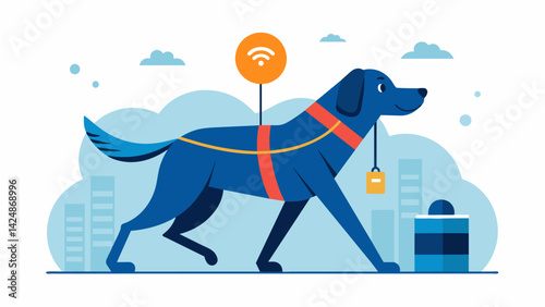 A hardworking service dog wearing a reliable fitness tracker keeping track of its daily activity while assisting its owner at work.. Vector illustration