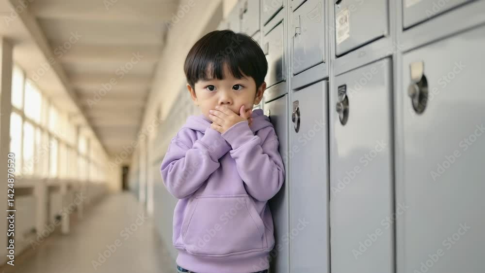 Selective mutism, A young child in a lavender hoodie stands silently in a hallway, covering their mouth with both hands, appearing anxious or withdrawn. Selective mutism, A young child in a lavender hoodie stands silently in a hallway, covering their mouth with both hands, appearing anxious or withdrawn.