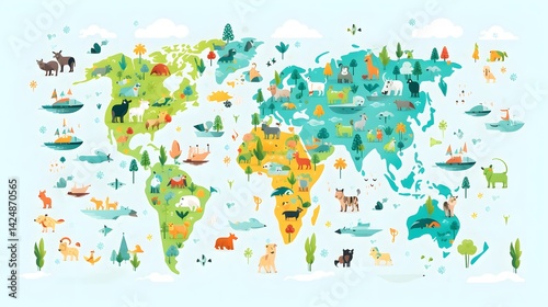 Detailed vector flat design abstract world map with various animals for educational purposes