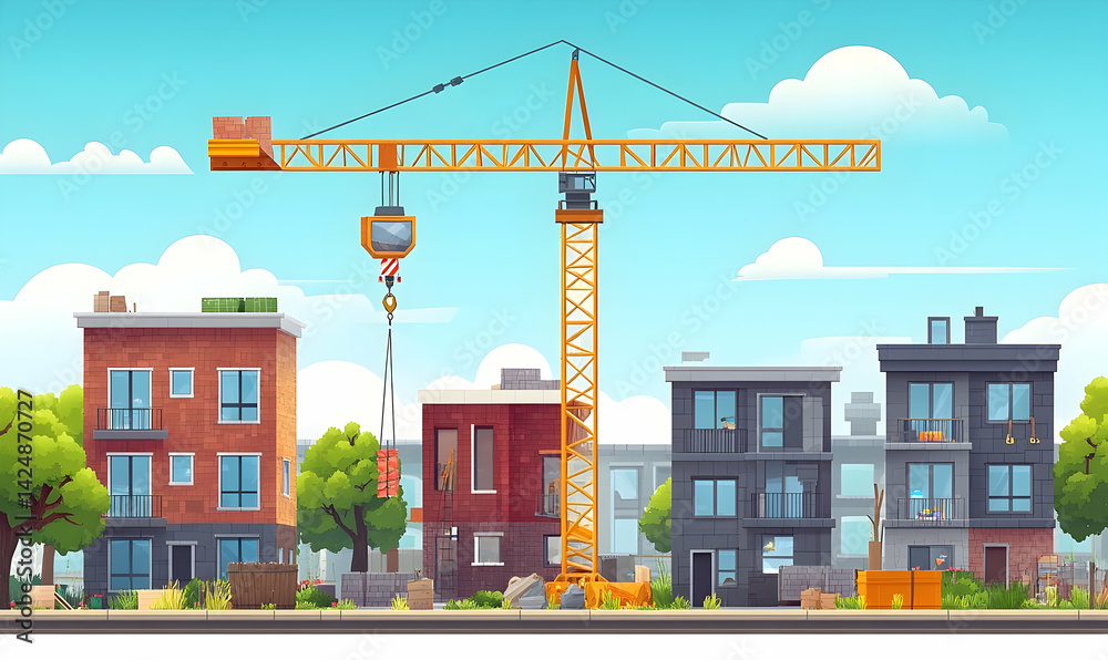 Fototapeta premium Construction site with a yellow crane lifting materials amidst urban buildings and greenery