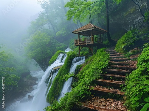 Misty Waterfall with Wooden Gazebo and Steps