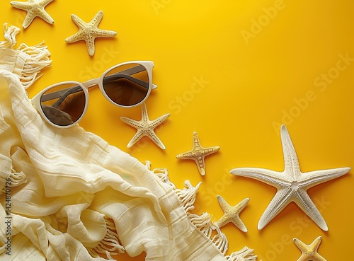 Summer Vacation Essentials on Yellow Background