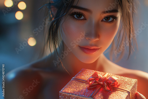 Woman standing and holding a beautifully wrapped gift box