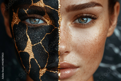 Woman's face with natural tone and Kintsugi art style
