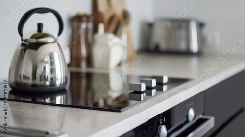 Stainless Steel Kettle on Modern Kitchen Countertop