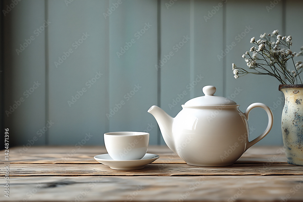white ceramic teapot with a single cup (minimal), white ceramic teapot with a single cup (minimal),
