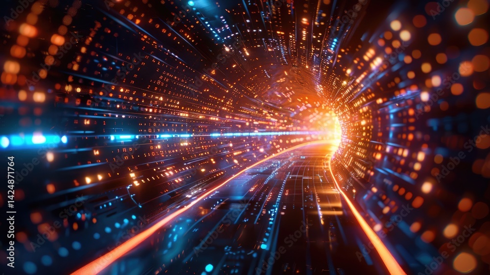Glowing orange and blue lights in a futuristic digital tunnel. Depth and perspective of neon-lit pathways. Technology and sci-fi concept for wallpaper, banner, and print. Technology innovation. AIG53. Glowing orange and blue lights in a futuristic digital tunnel. Depth and perspective of neon-lit pathways. Technology and sci-fi concept for wallpaper, banner, and print. Technology innovation. AIG53.
