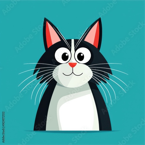 Cartoon cat illustration with black and white fur and a pink nose on a teal background