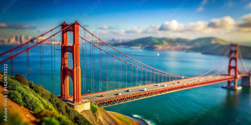 Fototapeta premium Golden Gate Bridge Iconic Red Color: A Tilt-Shift Miniature Wonder