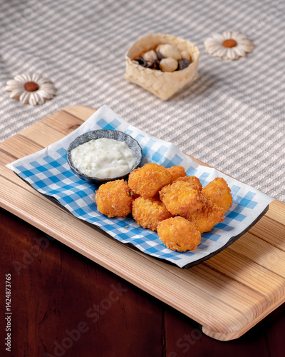 A plate of fried food with a blue and white checkered napkin. The food is covered in a light sauce and is served on a wooden board