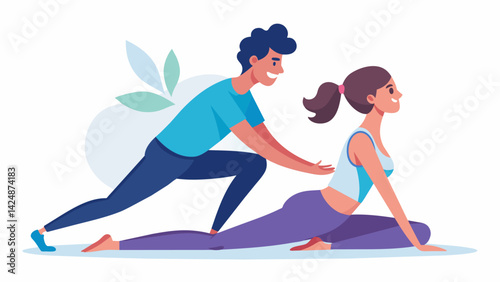A partner stretching session using mindful movement and communication to deepen the stretch and improve flexibility.. Vector illustration
